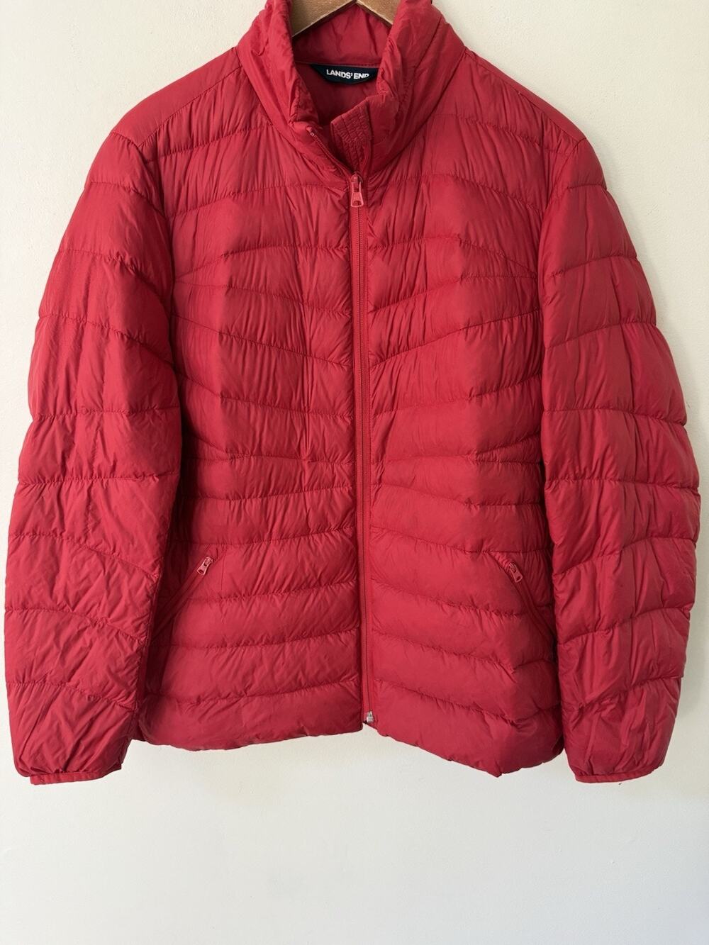 Lands End Jacket Womens Large Down Feather Coat Full Zip Quilted Red Puffer